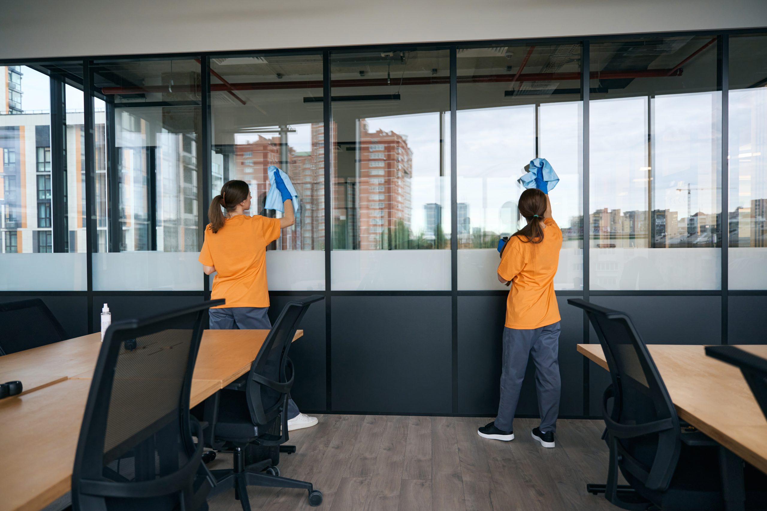 two women employees cleaning company wash windows in coworking space